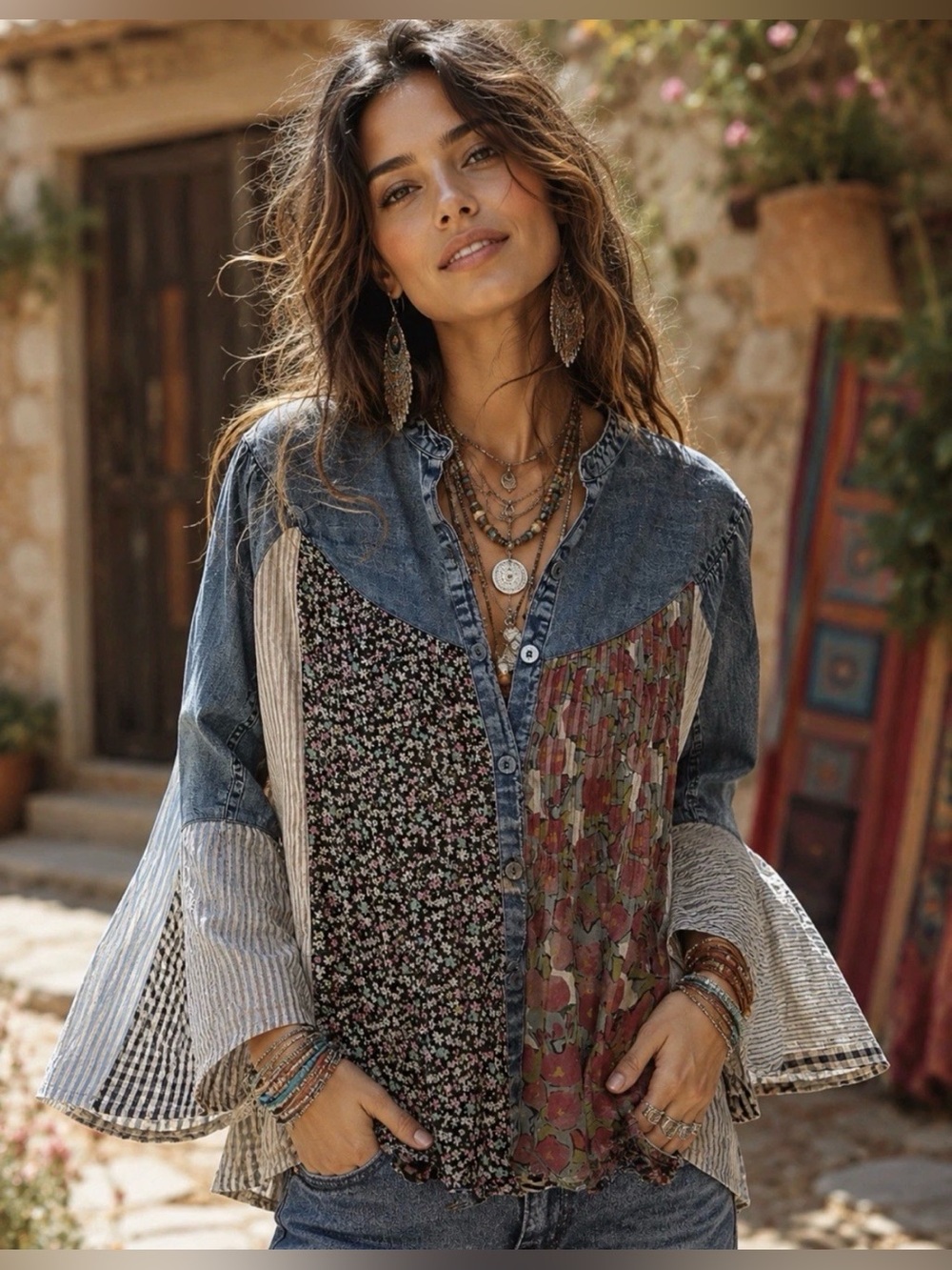 H184 NWT Young Thread L ptp25 Patchwork Floral Multicolor Top Denim Bell sleeve